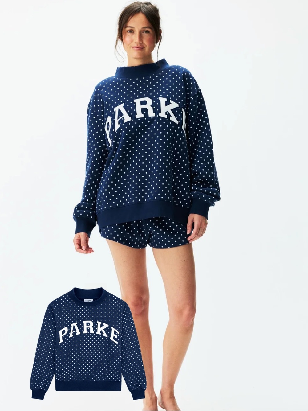 PARKE Navy Polka Dot Mockneck — Navy & White